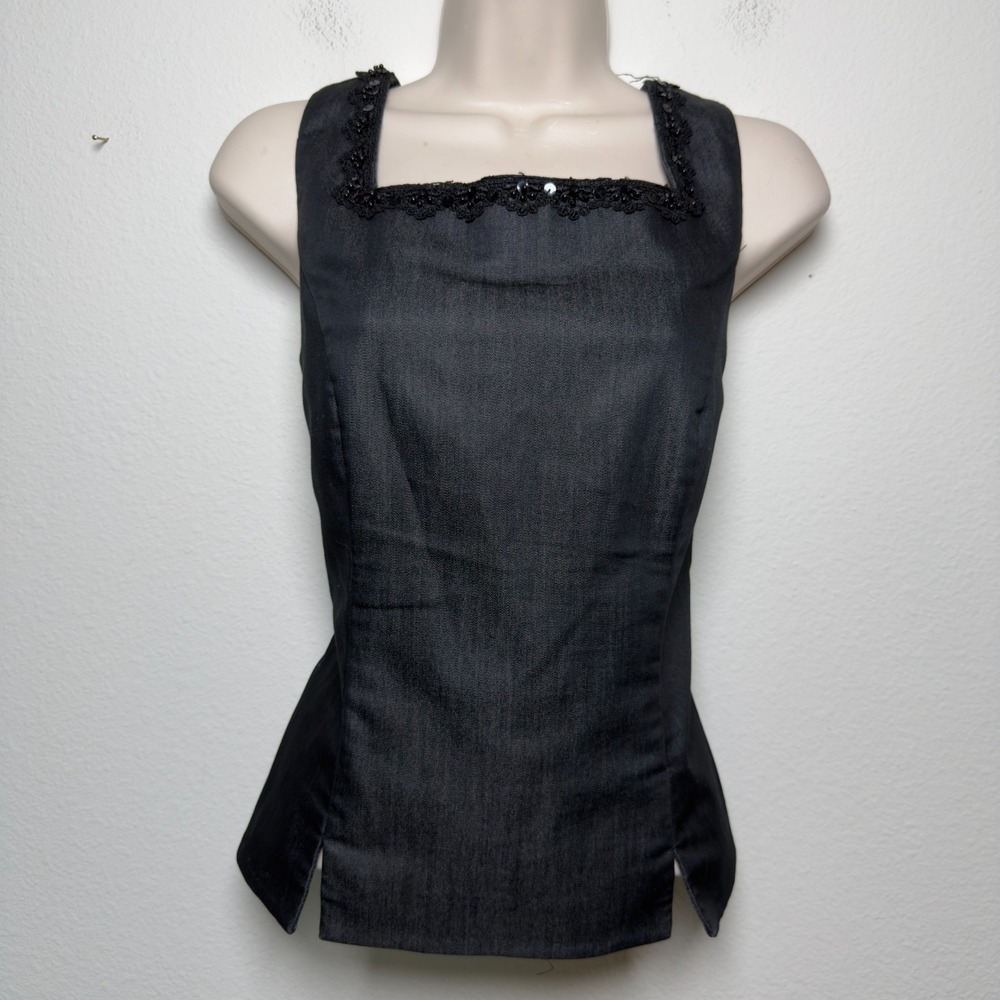 VTG y2k Women Denim Top Medium Gray Square Neck Sequins Party Elegant John Rober